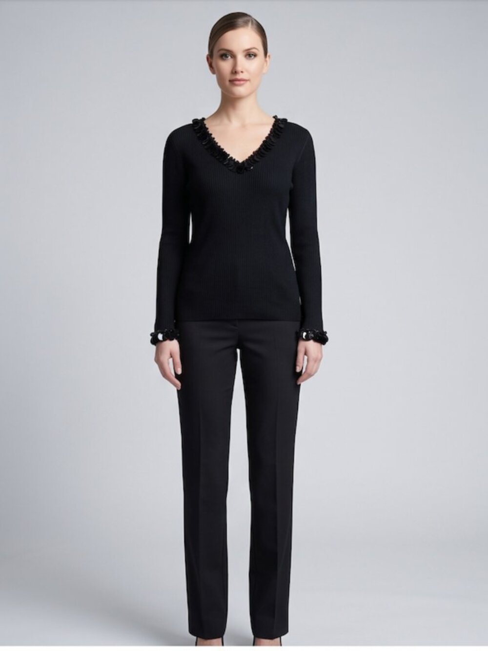 Dana Buchman Holt Renfrew Black Sequin-Trimmed Ribbed Knit Top | Luxury Evening